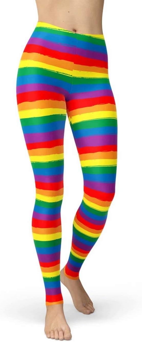 sissycos Leggings de los años 80 para mujer, pantalones elásticos con estampado de rayas arcoíris suaves