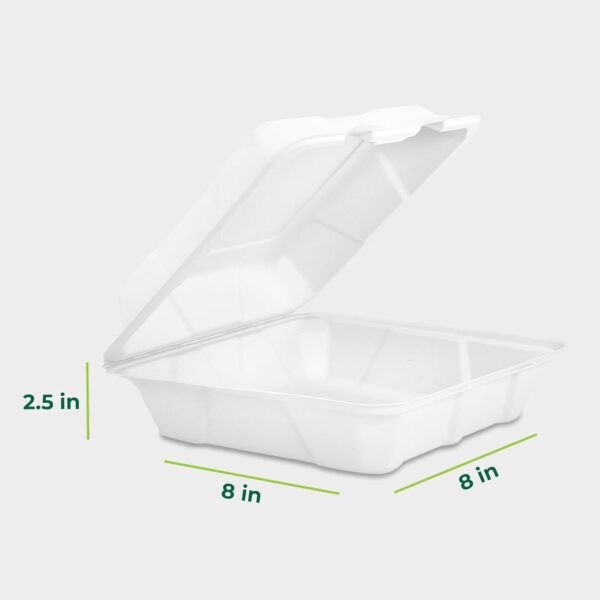 Freshware Recipientes compostables para alimentos con cubierta de almeja [paquete de 50 unidades de 8 x 8 pulgadas), contenedores desechables para llevar, cajas biodegradables de caña de azúcar para