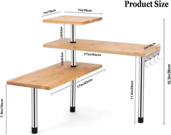 HYNAWIN Estante esquinero de bambú y metal de 3 niveles para almacenamiento de especias, estantería de ahorro de espacio con ganchos, estante de exhibición ajustable para decoración creativa del hogar