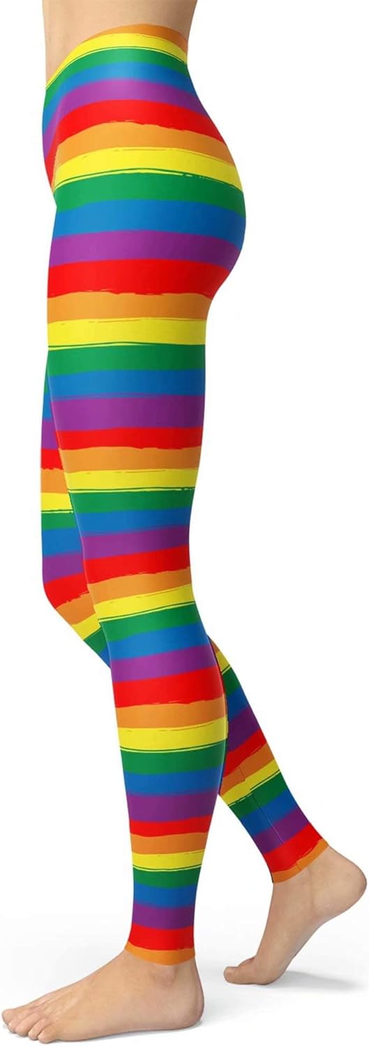 sissycos Leggings de los años 80 para mujer, pantalones elásticos con estampado de rayas arcoíris suaves