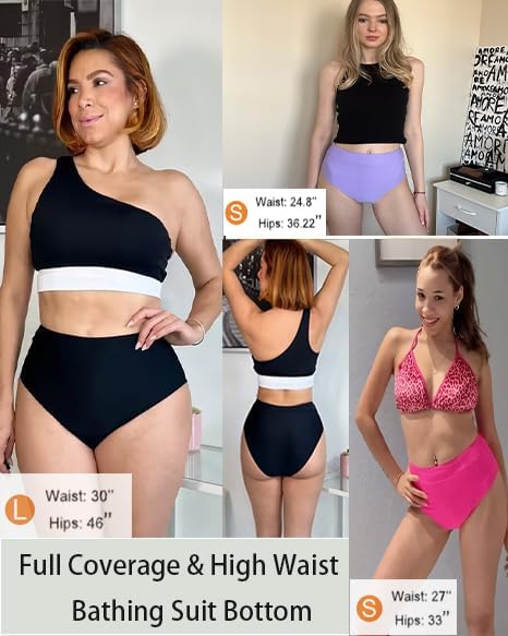 Holipick Traje de baño para mujer, parte inferior de bikini de cintura alta, cobertura completa, control de abdomen, parte inferior de natación