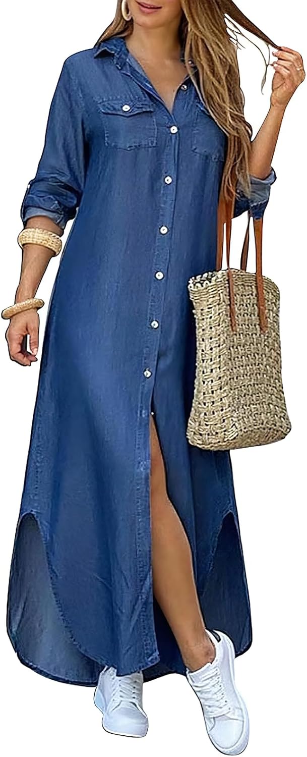 Kuraki – Vestido camisero largo con botones y estampado, informal para mujer