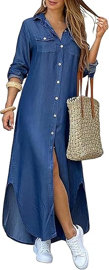 Kuraki - Vestido camisero largo con botones y estampado, informal para mujer