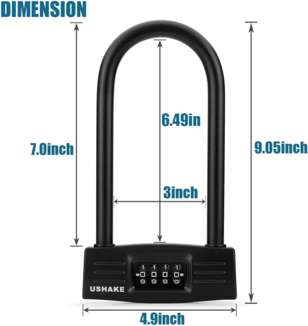 USHAKE Combinación de bicicleta con cerradura en U, cerradura de paleta de combinación de bicicleta resistente para bicicleta, scooter eléctrico, motocicletas, valla de metal, antirrobo