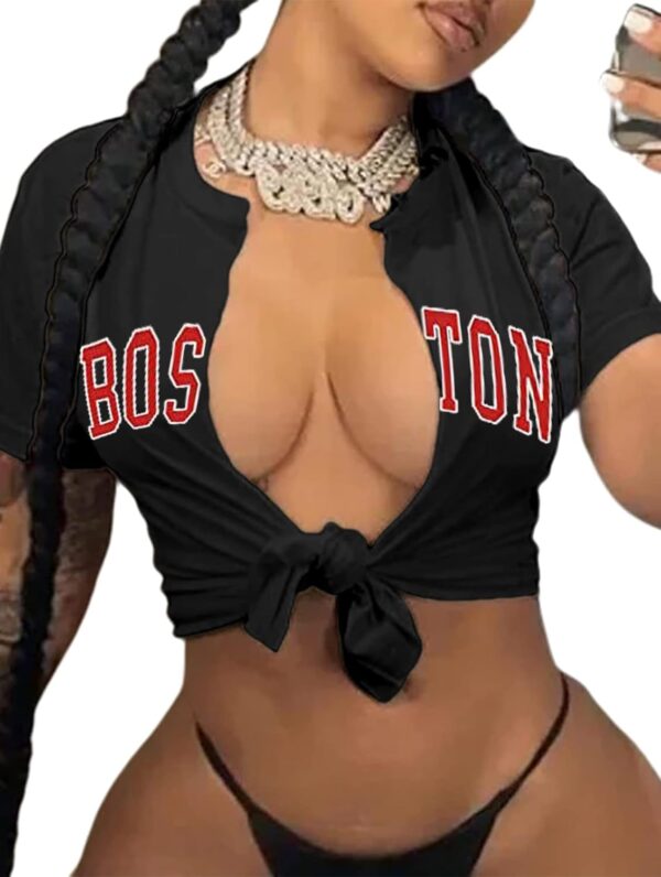 Zoyami Camiseta de manga corta sexy con lazo frontal para mujer, camiseta gráfica para club