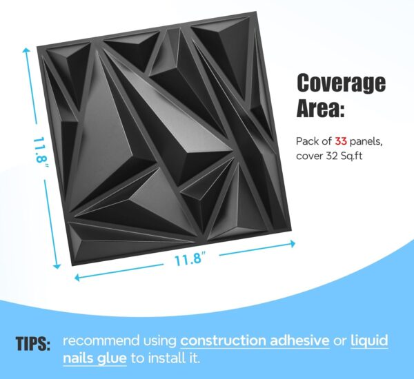 STICKGOO Paquete de 33 paneles de pared 3D para decoración de pared interior, diseño de diamante negro, decoración de pared decorativa de 12 x 12 pulgadas, paneles de pared modernos para sala de
