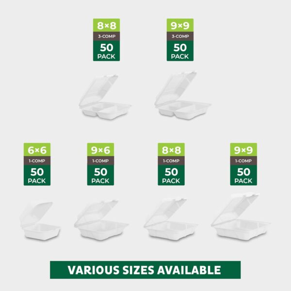Freshware Recipientes compostables para alimentos con cubierta de almeja [paquete de 50 unidades de 8 x 8 pulgadas), contenedores desechables para llevar, cajas biodegradables de caña de azúcar para