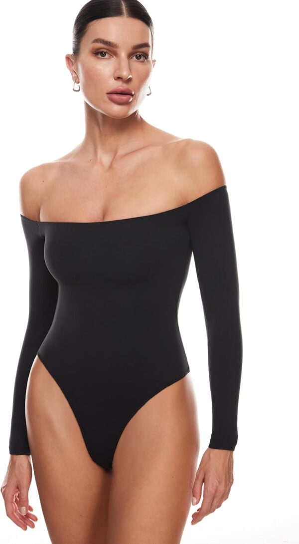 INLYRIC Natrelax - Body de manga larga con hombros descubiertos para mujer, sexy, ajustado, leotardo