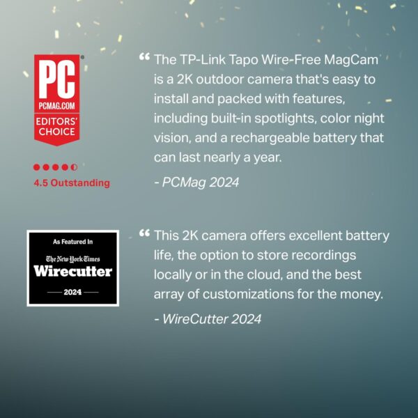 TP-Link MagCam - Cámara de seguridad para exteriores recomendada por los editores PCMag 2024 y Wirecutter, 2K, batería, cámara inalámbrica de montaje magnético, FOV de 150°, almacenamiento SD/Cloud,