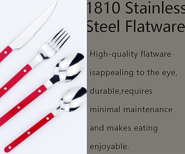 Juego de cubiertos rojos de 16 piezas con mango de remache, juego de cubiertos de acero inoxidable 1810 para 4, tenedores y cucharas plateados, pulido con espejo, apto para lavavajillas