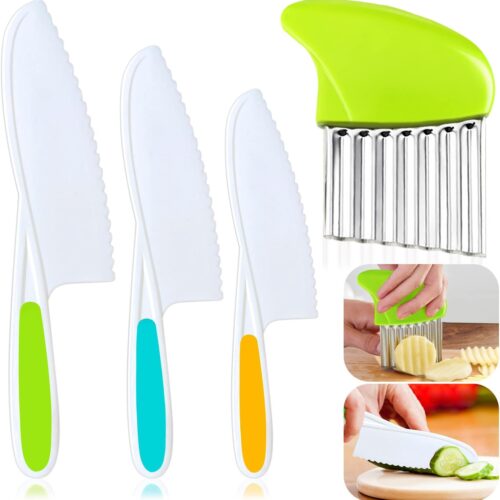 Juego de 4 cuchillos para niños, cuchillo de cocina para niños con cortador arrugado, bordes dentados, cuchillo de chef de plástico para cocinar y cortar pan de frutas