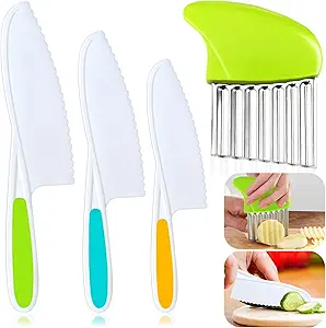 Juego de 4 cuchillos para niños, cuchillo de cocina para niños con cortador arrugado, bordes dentados, cuchillo de chef de plástico para cocinar y cortar pan de frutas