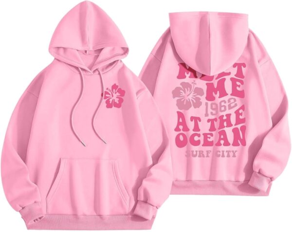 Meet Me 1962 At The Ocean Surf City Sudaderas de gran tamaño para mujer, sudadera con capucha rosa de palmera Y2K