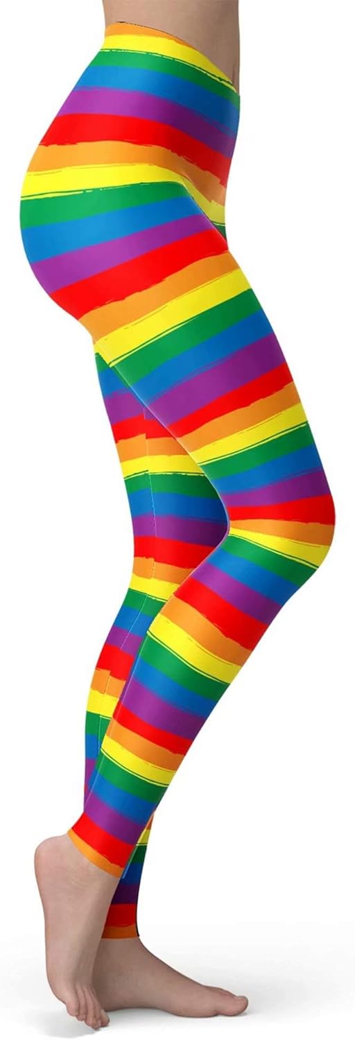 sissycos Leggings de los años 80 para mujer, pantalones elásticos con estampado de rayas arcoíris suaves