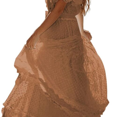 Happy Sailed Vestido largo de encaje floral con cuello en V y botones para mujer, manga corta, estilo bohemio