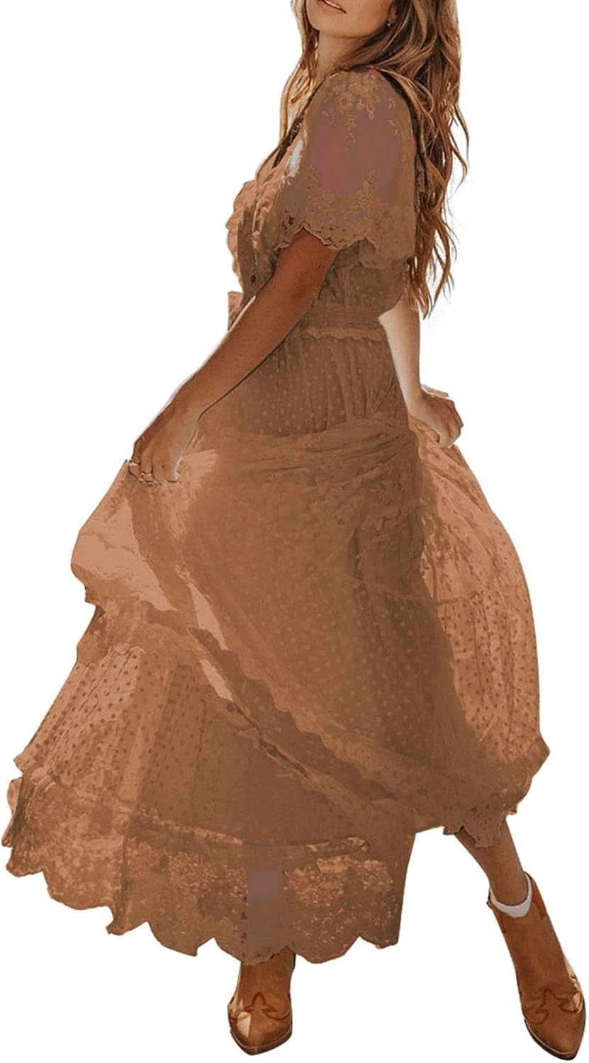 Happy Sailed Vestido largo de encaje floral con cuello en V y botones para mujer, manga corta, estilo bohemio