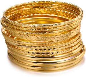 Juego de 16 pulseras de oro para mujer, pulseras texturizadas apilables de varias capas, juego de joyas bohemias.