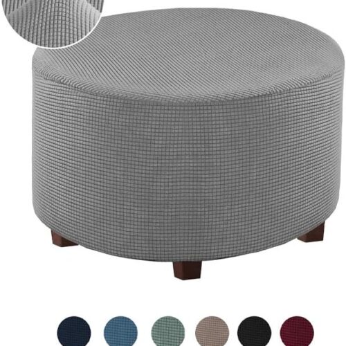 Funda otomana redonda de mezcla de poliéster, fundas protectoras elásticas con parte inferior elástica, tela jacquard texturizada lavable a máquina (gris, tamaño extragrande)