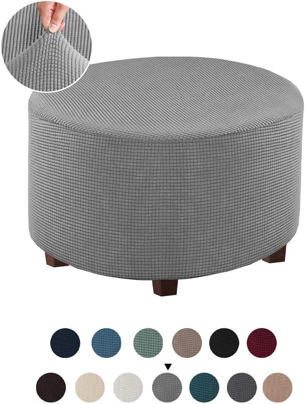 Funda otomana redonda de mezcla de poliéster, fundas protectoras elásticas con parte inferior elástica, tela jacquard texturizada lavable a máquina (gris, tamaño extragrande)