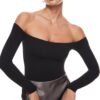 INLYRIC Natrelax - Body de manga larga con hombros descubiertos para mujer, sexy, ajustado, leotardo