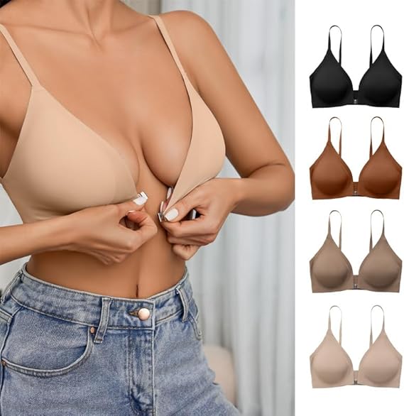 WOWENY Brasier push up con cierre frontal para mujer, sin varillas, brasier acolchado sin costuras, corte bajo, cuello en V, ligero