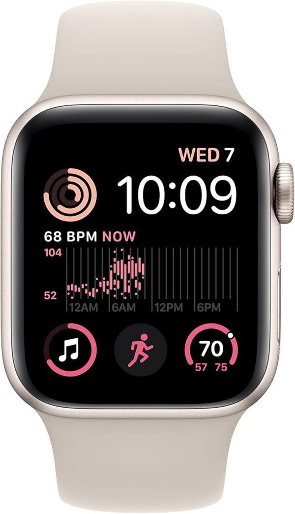 Apple Reloj inteligente SE (2.ª generación) [GPS de 1.575 in] con caja de aluminio Starlight y correa deportiva Starlight - S/M. Monitor de fitness y sueño, detección de choques, monitor de frecuencia