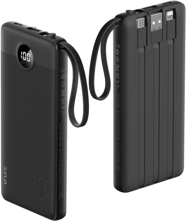 VRURC Cargador portátil con cables integrados, cargador de batería externa de 10000 mAh de viaje Essentials, 5 salidas y 2 entradas, pantalla LED externa, compatible con iPhone, Samsung, Android,