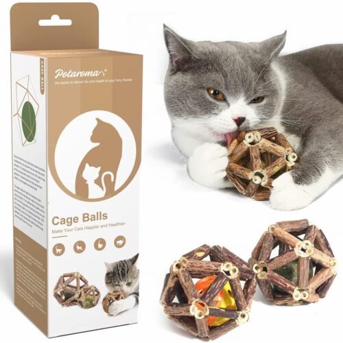 Potaroma Juguetes de hierba gatera, 3 piezas de juguetes para gatos, bolas de jaula de pino plateado natural y bola de campana para gatos de interior, limpieza de gatitos, molar matatabi, juguete