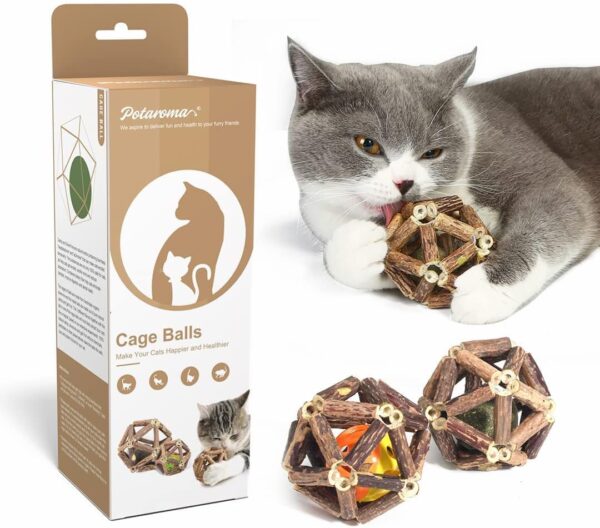 Potaroma Juguetes de hierba gatera, 3 piezas de juguetes para gatos, bolas de jaula de pino plateado natural y bola de campana para gatos de interior, limpieza de gatitos, molar matatabi, juguete