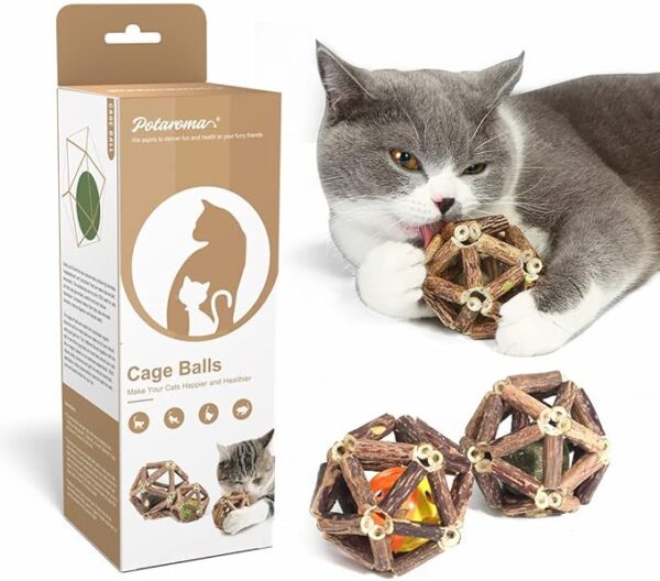 Potaroma Juguetes de hierba gatera, 3 piezas de juguetes para gatos, bolas de jaula de pino plateado natural y bola de campana para gatos de interior, limpieza de gatitos, molar matatabi, juguete