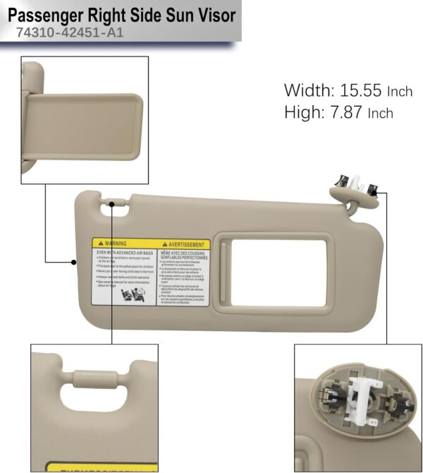 Reemplazo de visera solar para lado izquierdo y pasajero con Toyota RAV4 2006 2007 2008 2009 2010 2011 2012 2013 con luz de repuesto 74320-42501-A1 y 74310-42451-A1 beige