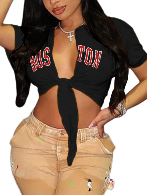 Zoyami Camiseta de manga corta sexy con lazo frontal para mujer, camiseta gráfica para club