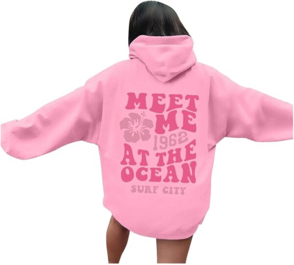 Meet Me 1962 At The Ocean Surf City Sudaderas de gran tamaño para mujer, sudadera con capucha rosa de palmera Y2K