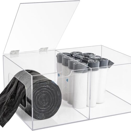 Dispensador de bolsas de basura, acrílico extra grande con compartimento de almacenamiento, organizador de bolsas de basura de cocina debajo del fregadero con tapa para 13, 30, 33 galones