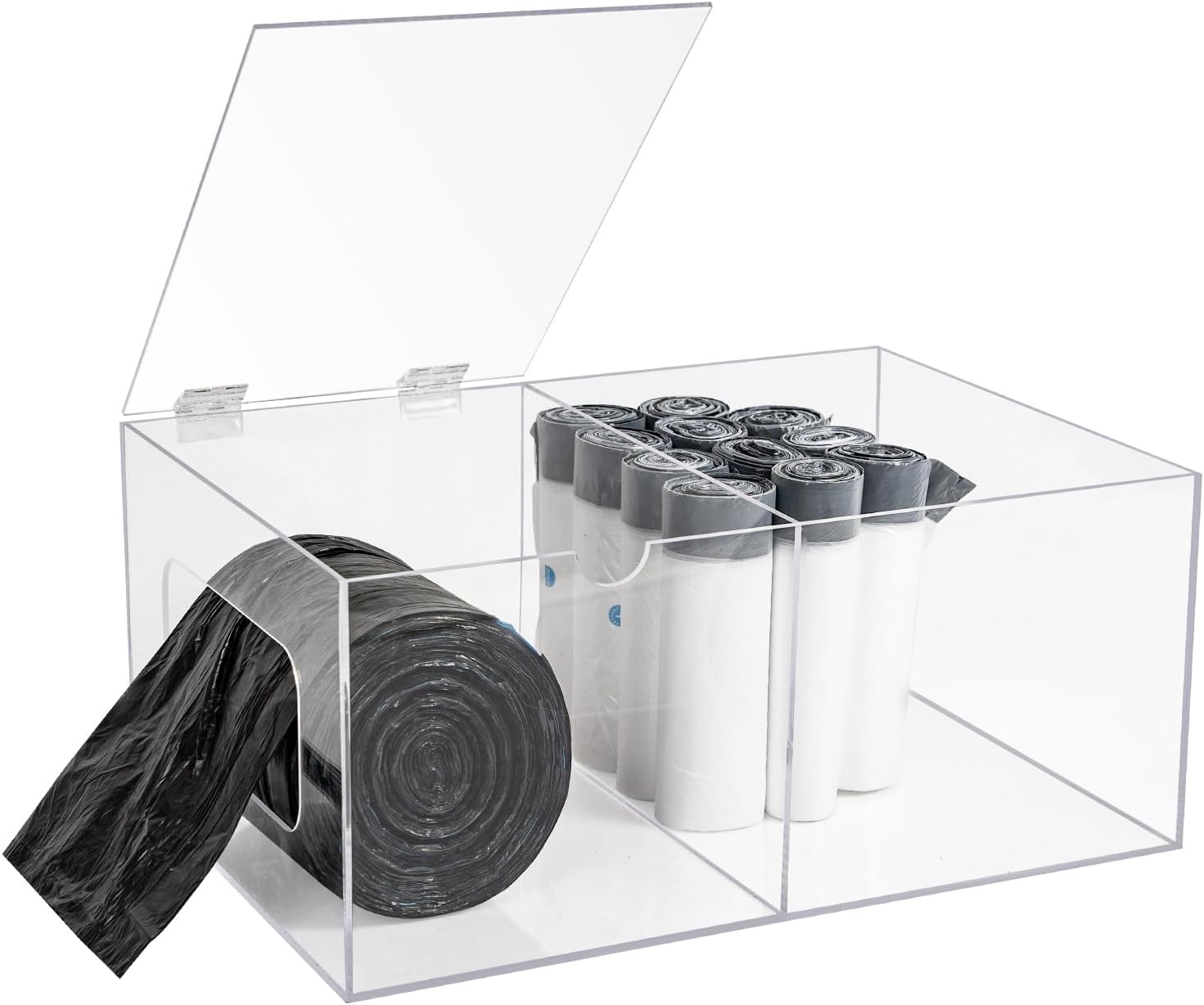 Dispensador de bolsas de basura, acrílico extra grande con compartimento de almacenamiento, organizador de bolsas de basura de cocina debajo del fregadero con tapa para 13, 30, 33 galones