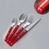 Juego de cubiertos rojos de 16 piezas con mango de remache, juego de cubiertos de acero inoxidable 1810 para 4, tenedores y cucharas plateados, pulido con espejo, apto para lavavajillas