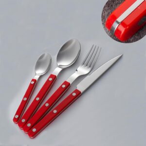Juego de cubiertos rojos de 16 piezas con mango de remache, juego de cubiertos de acero inoxidable 1810 para 4, tenedores y cucharas plateados, pulido con espejo, apto para lavavajillas