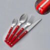 Juego de cubiertos rojos de 16 piezas con mango de remache, juego de cubiertos de acero inoxidable 1810 para 4, tenedores y cucharas plateados, pulido con espejo, apto para lavavajillas