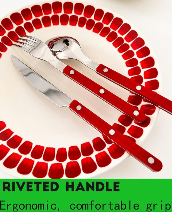 Juego de cubiertos rojos de 16 piezas con mango de remache, juego de cubiertos de acero inoxidable 1810 para 4, tenedores y cucharas plateados, pulido con espejo, apto para lavavajillas
