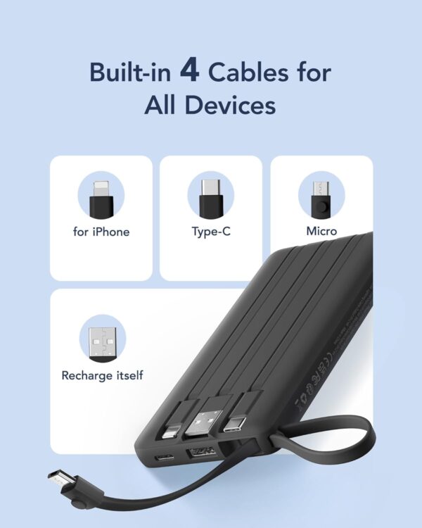 VRURC Cargador portátil con cables integrados, cargador de batería externa de 10000 mAh de viaje Essentials, 5 salidas y 2 entradas, pantalla LED externa, compatible con iPhone, Samsung, Android,
