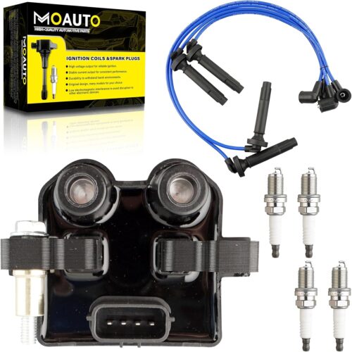 Juego de 1 bobinas de encendido UF566 22433-AA500 y 4 bujías de iridio con juego de cables compatibles con Subaru Outback Forester Impreza Legacy Saab 9-2X - H4 2.5L