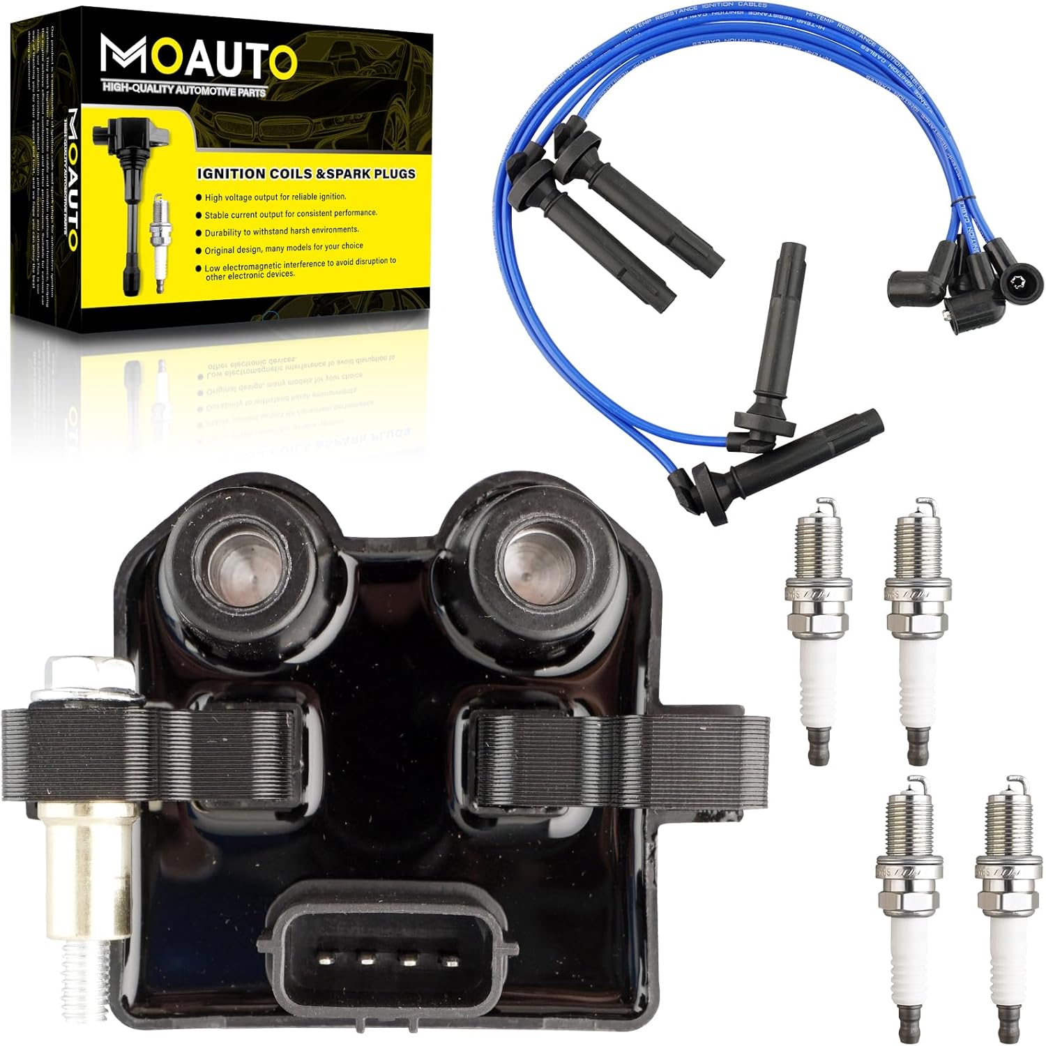 Juego de 1 bobinas de encendido UF566 22433-AA500 y 4 bujías de iridio con juego de cables compatibles con Subaru Outback Forester Impreza Legacy Saab 9-2X – H4 2.5L
