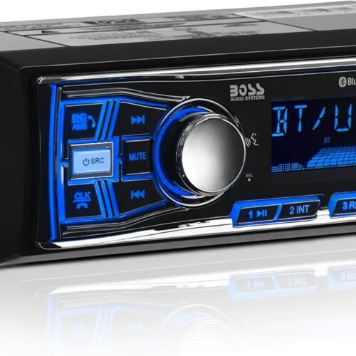 Boss Audio Systems 611UAB - Estéreo multimedia para auto - Un solo Din, audio Bluetooth y llamadas manos libres, micrófono incorporado, reproductor de MP3, puerto USB, entrada Aux, receptor de radio AM FM, - sin reproductor de CD DVD