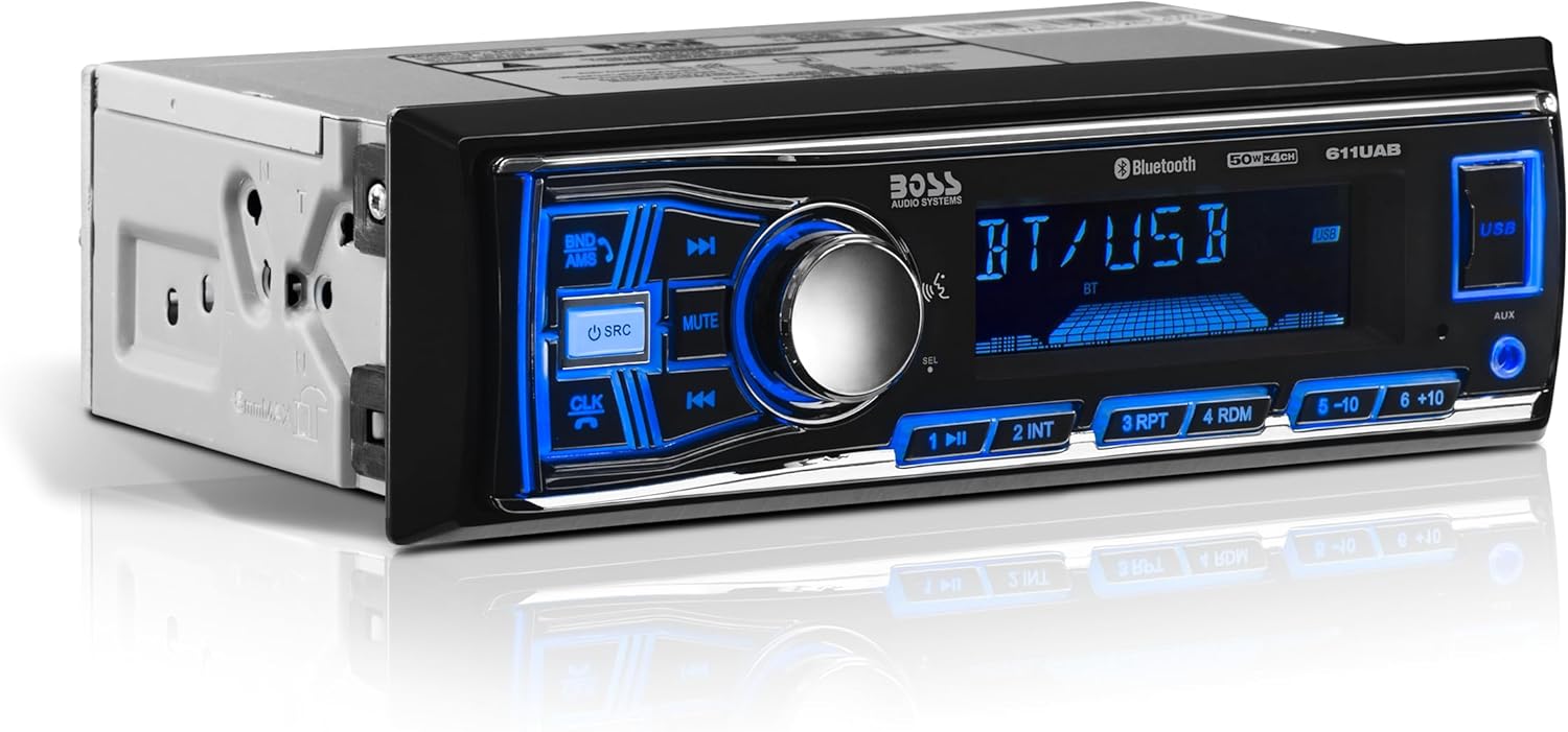 Boss Audio Systems 611UAB – Estéreo multimedia para auto – Un solo Din, audio Bluetooth y llamadas manos libres, micrófono incorporado, reproductor de MP3, puerto USB, entrada Aux, receptor de radio AM FM, – sin reproductor de CD DVD