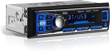 Boss Audio Systems 611UAB - Estéreo multimedia para auto - Un solo Din, audio Bluetooth y llamadas manos libres, micrófono incorporado, reproductor de MP3, puerto USB, entrada Aux, receptor de radio AM FM, - sin reproductor de CD DVD