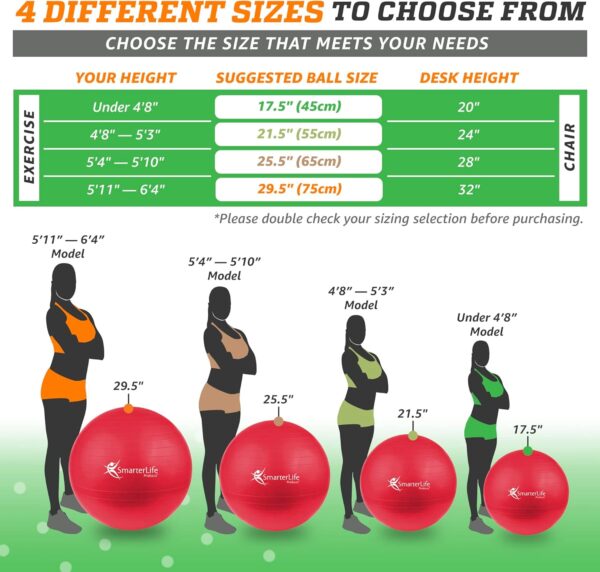 SmarterLife - Pelota de yoga y ejercicio para fitness, equilibrio, estabilidad o embarazo, pelota para entrenamiento de tronco y terapia física, silla para oficina, no se estalla y es antideslizante