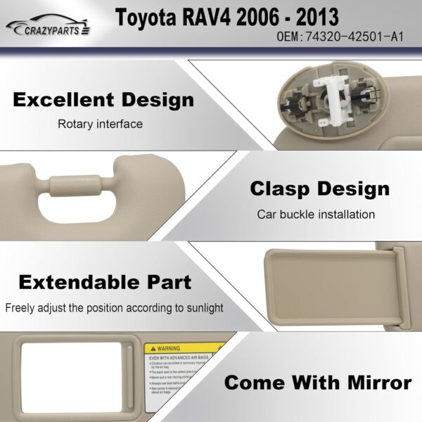 Reemplazo de visera solar para lado izquierdo y pasajero con Toyota RAV4 2006 2007 2008 2009 2010 2011 2012 2013 con luz de repuesto 74320-42501-A1 y 74310-42451-A1 beige