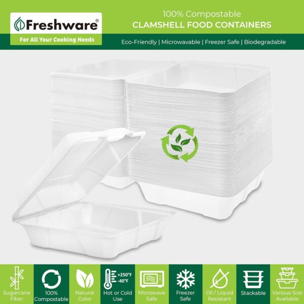 Freshware Recipientes compostables para alimentos con cubierta de almeja [paquete de 50 unidades de 8 x 8 pulgadas), contenedores desechables para llevar, cajas biodegradables de caña de azúcar para