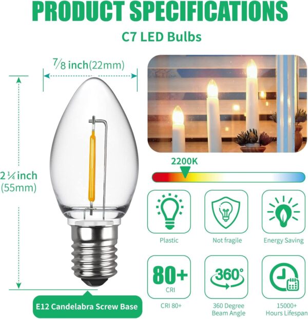 Meconard Bombillas LED C7, bombillas LED inastillables de repuesto para velas y candelabros de ventana, base de candelabro E12, equivalente a 0.6 vatios equivalentes a bombillas incandescentes de 7 W,