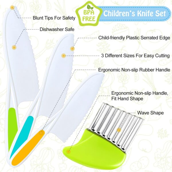 Juego de 4 cuchillos para niños, cuchillo de cocina para niños con cortador arrugado, bordes dentados, cuchillo de chef de plástico para cocinar y cortar pan de frutas